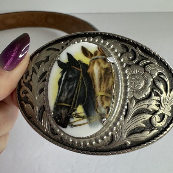 Vintage Looper Belt Embossed Black Horse Hook Hinge Cabochon Western Cowboy 38 main image 12